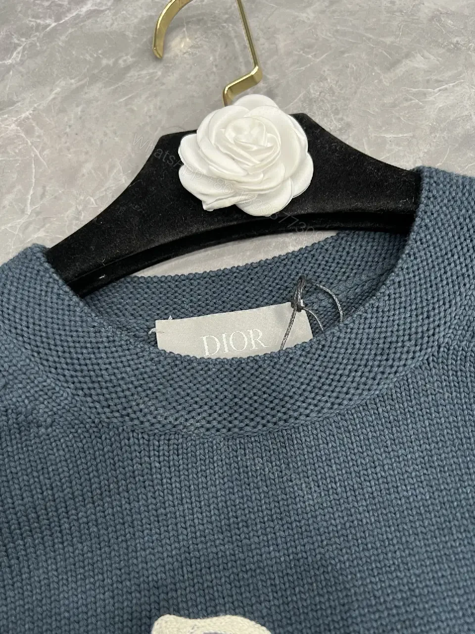 View 4 of Dark Navy Wool-Blend Knit Sweater: Relaxed Luxe, Dior-Style Script Key Feature
