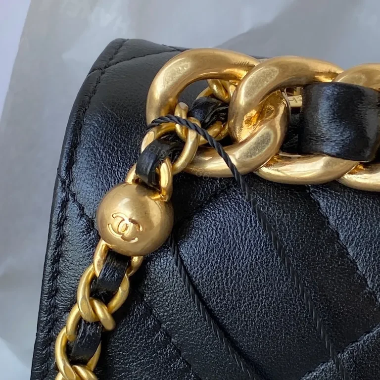 View 9 of Quilted Noir Lambskin Flap Bag with Gold Chain