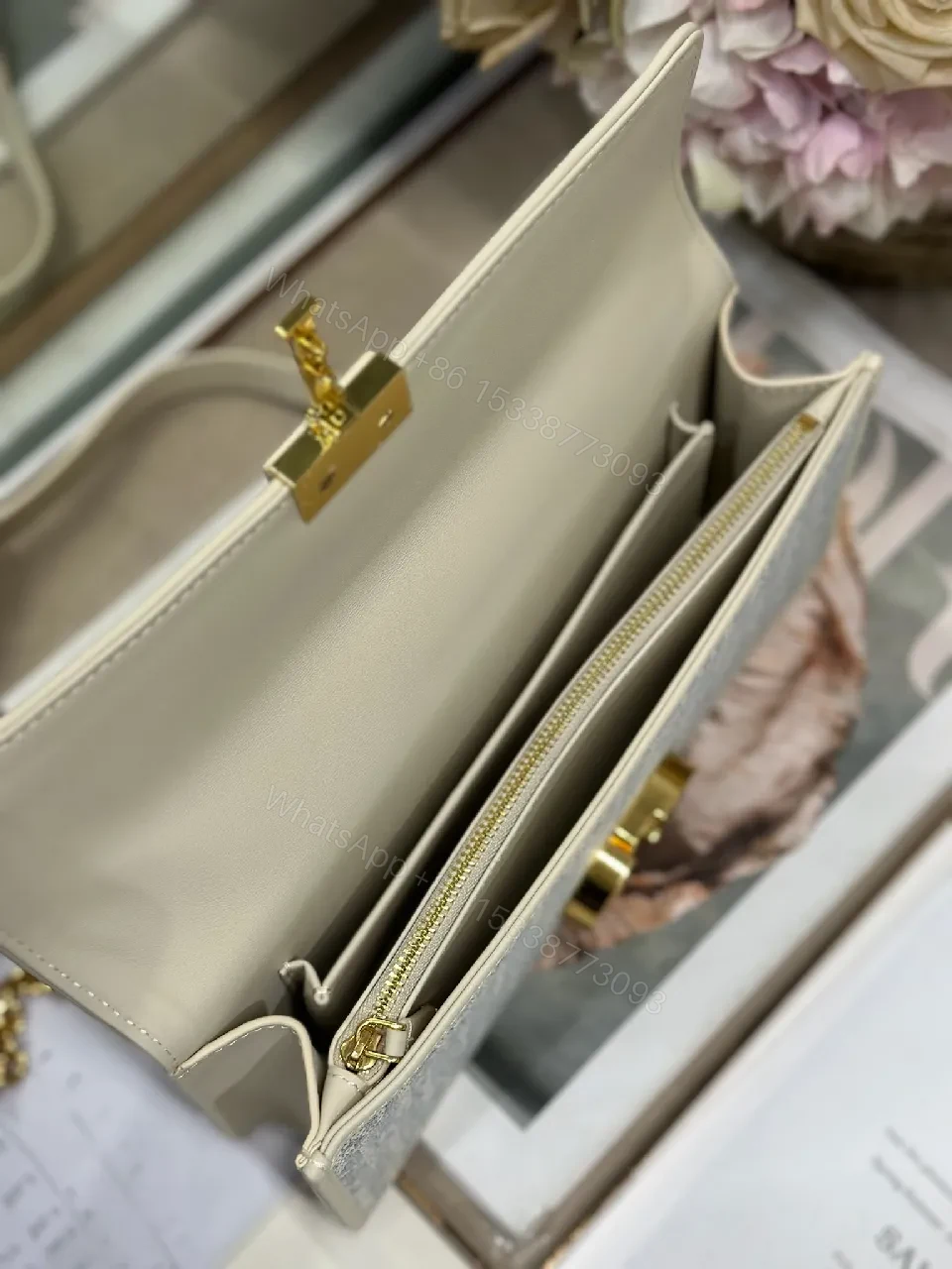 View 5 of Two-Tone Denim-Canvas Satchel with Gold Chain Bag