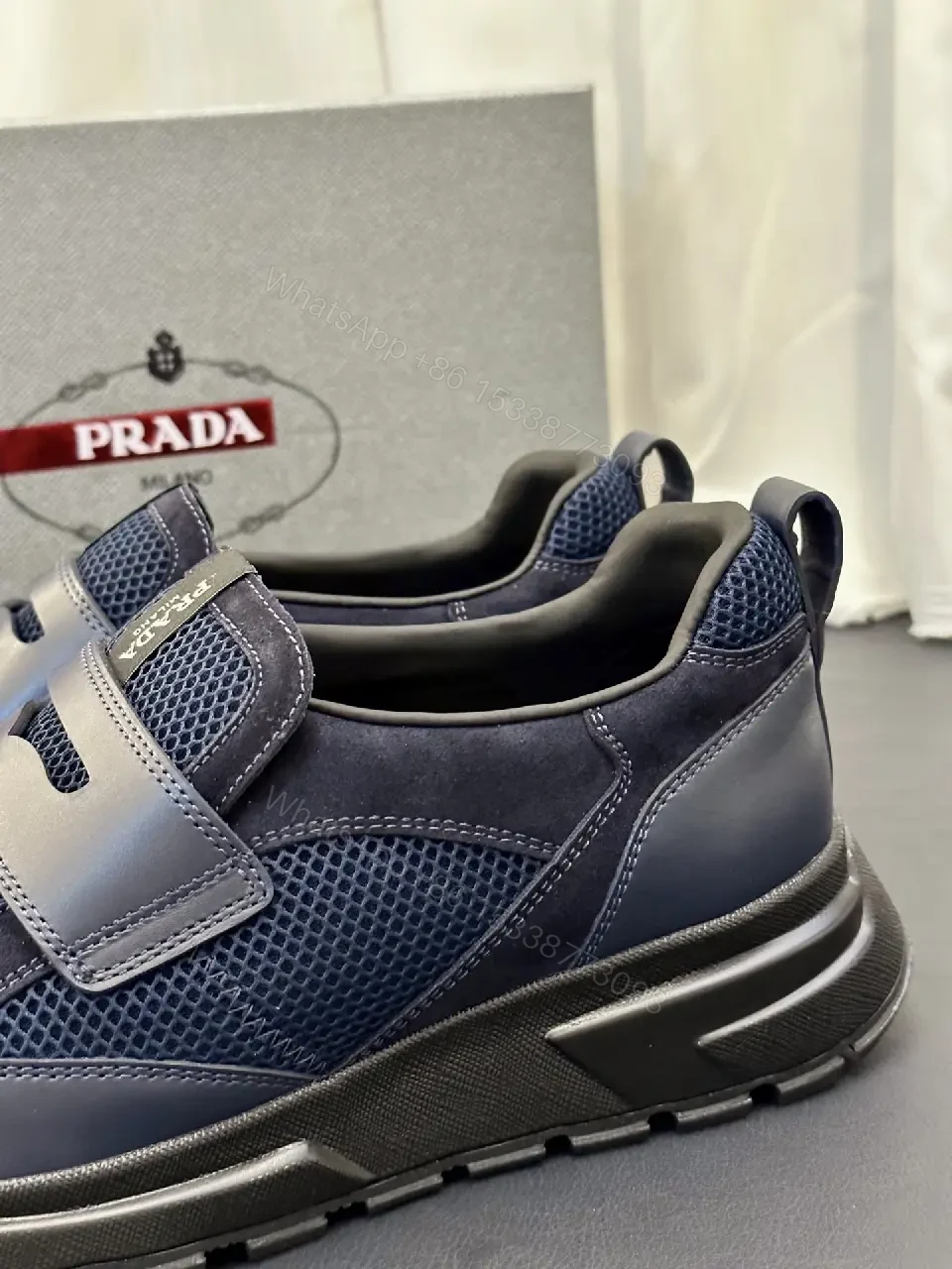 View 6 of Blue Mesh Slip-On Prada-Style Sneaker with Hook-and-loop Strap
