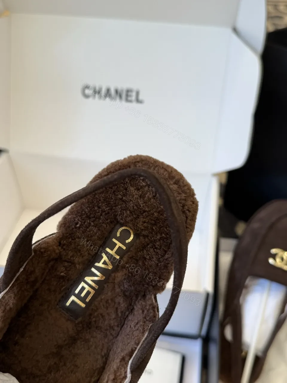 View 2 of Brown Suede Mule with Gold Logo Hardware – Slip-On Luxury Style