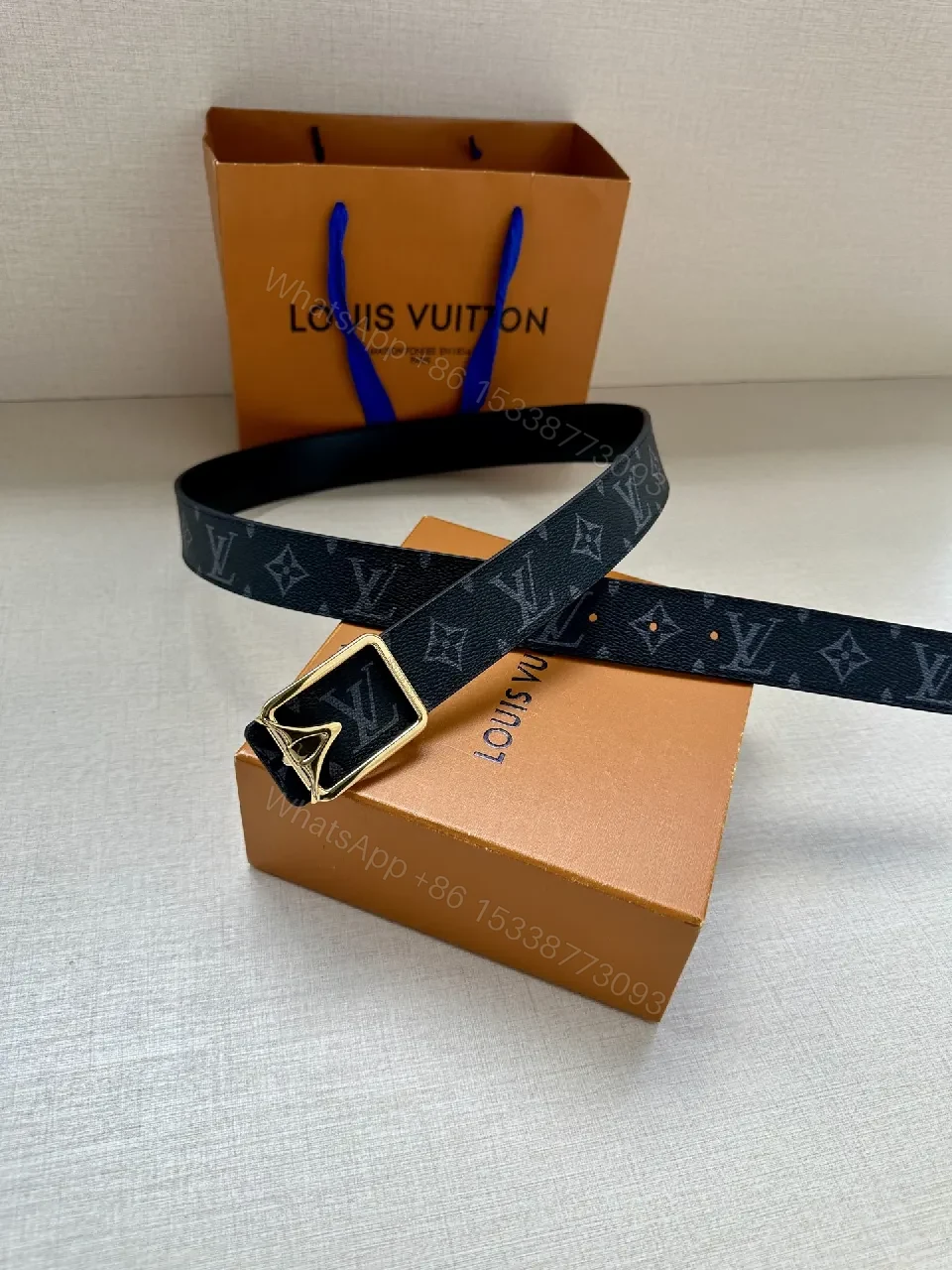 View 8 of Monogram Belt: Modern Luxury Black Leather Style, Gold Buckle