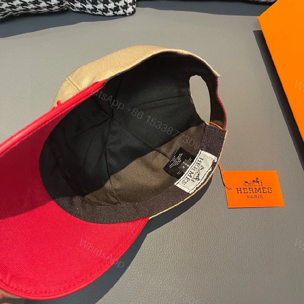 View 3 of Two-Tone Beige & Red Cap with Signature H Accent Cap