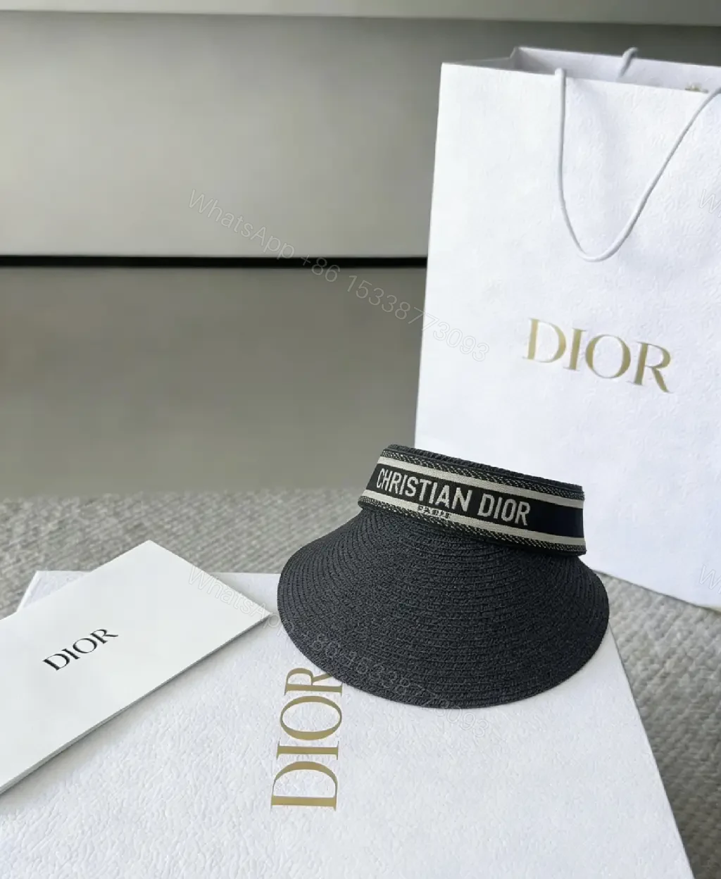 View 8 of Beige Straw Visor Hat Wide Brim Black Logo Band