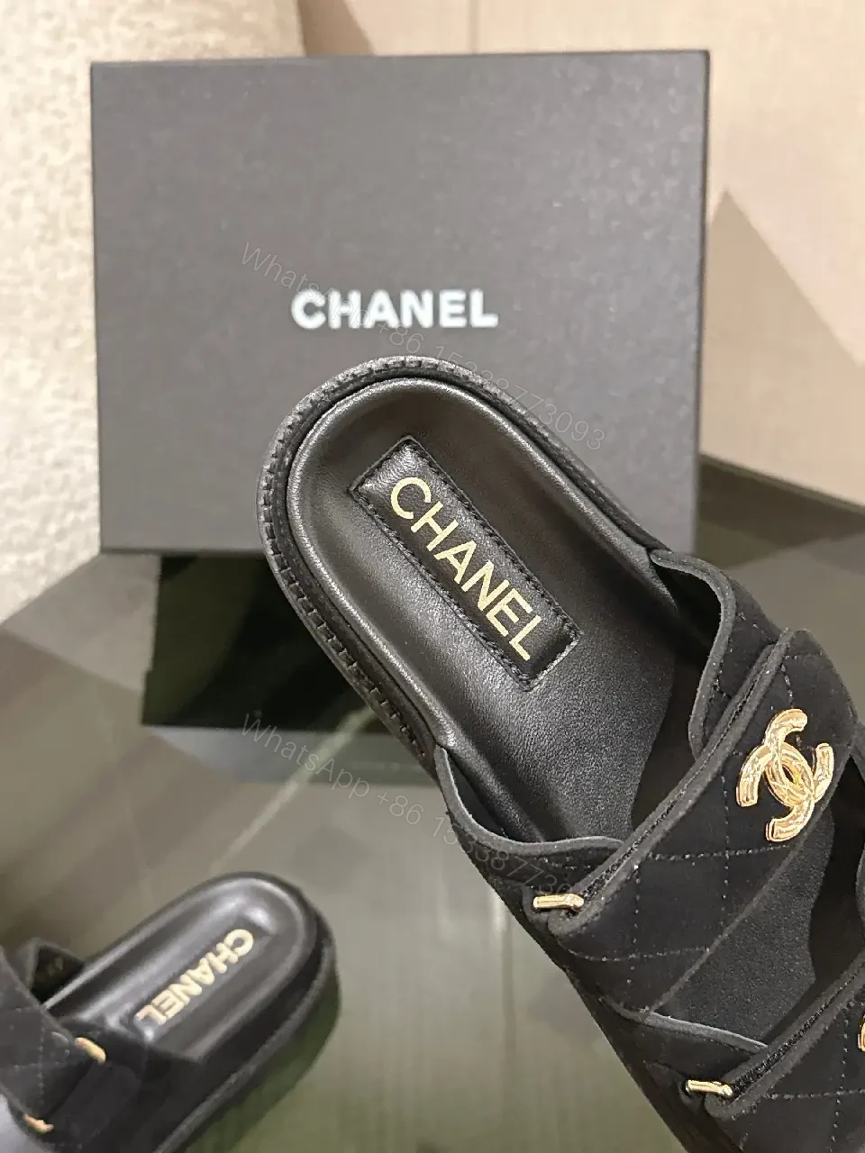View 8 of Quilted Black Sliders with Gold Hardware — Everyday Luxury