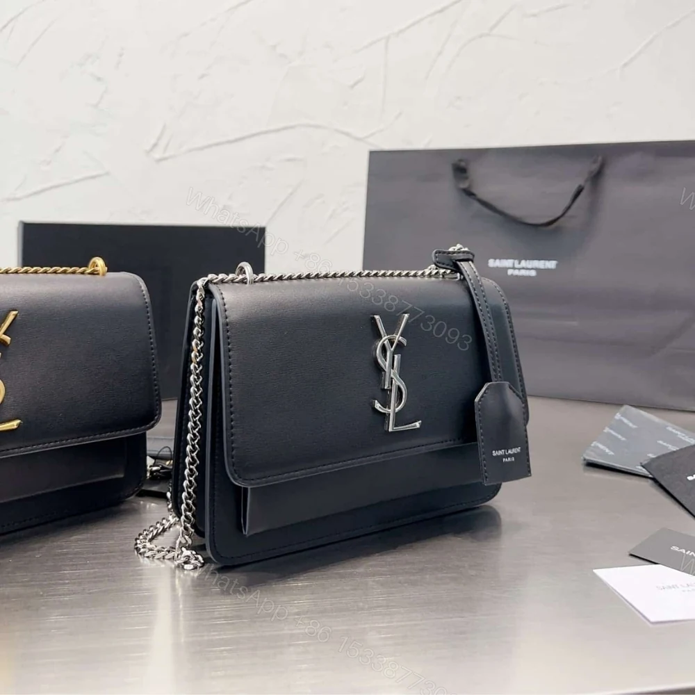 View 2 of Saint Laurent Sunset Medium Chain Bag In Smooth Black With Silver Hardware 22Cm 442906D420N1000