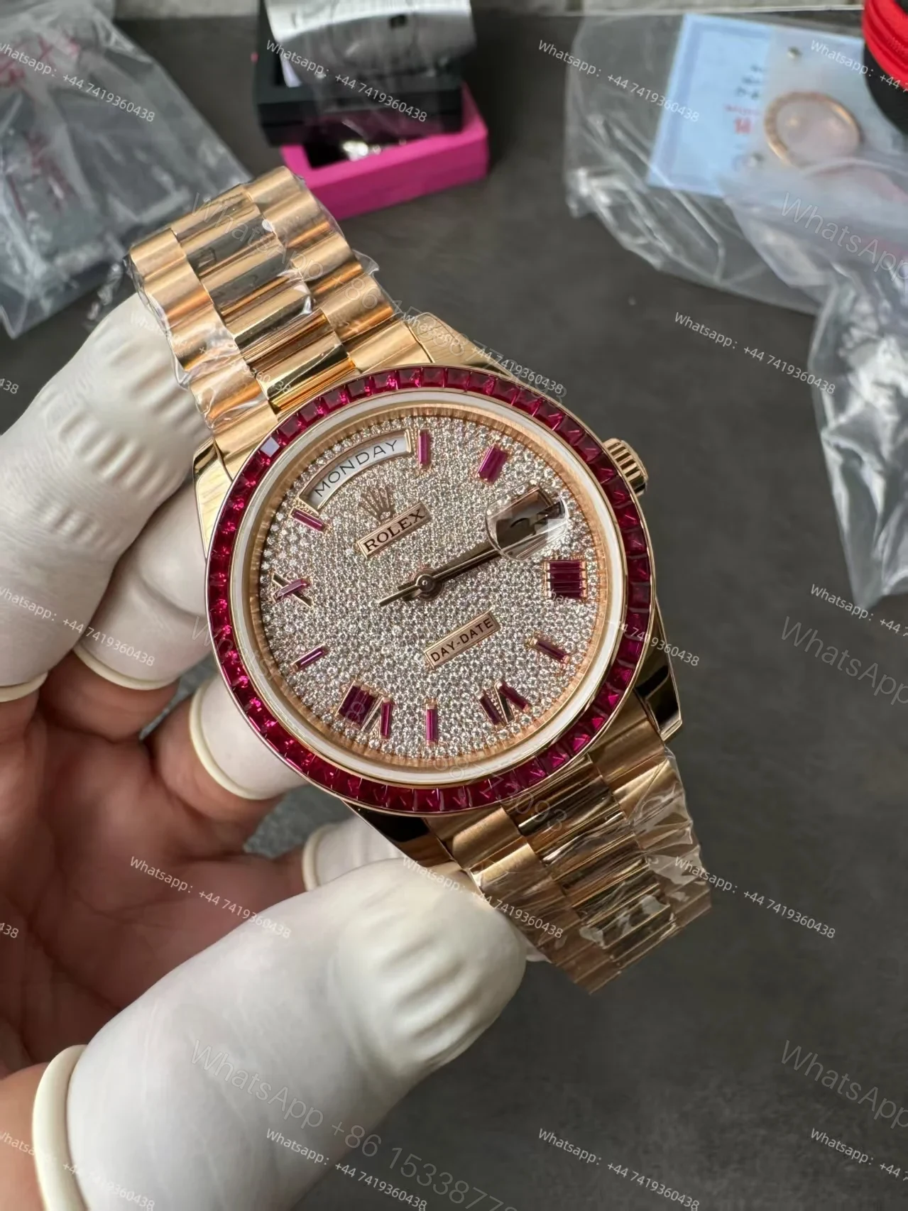 View 23 of Rolex Day-Date 228398TRU 1:1 Custom Edition Ruby & Moissanite Diamond Dial and Bezel 40MM 3255 Movement Super Clone Watch