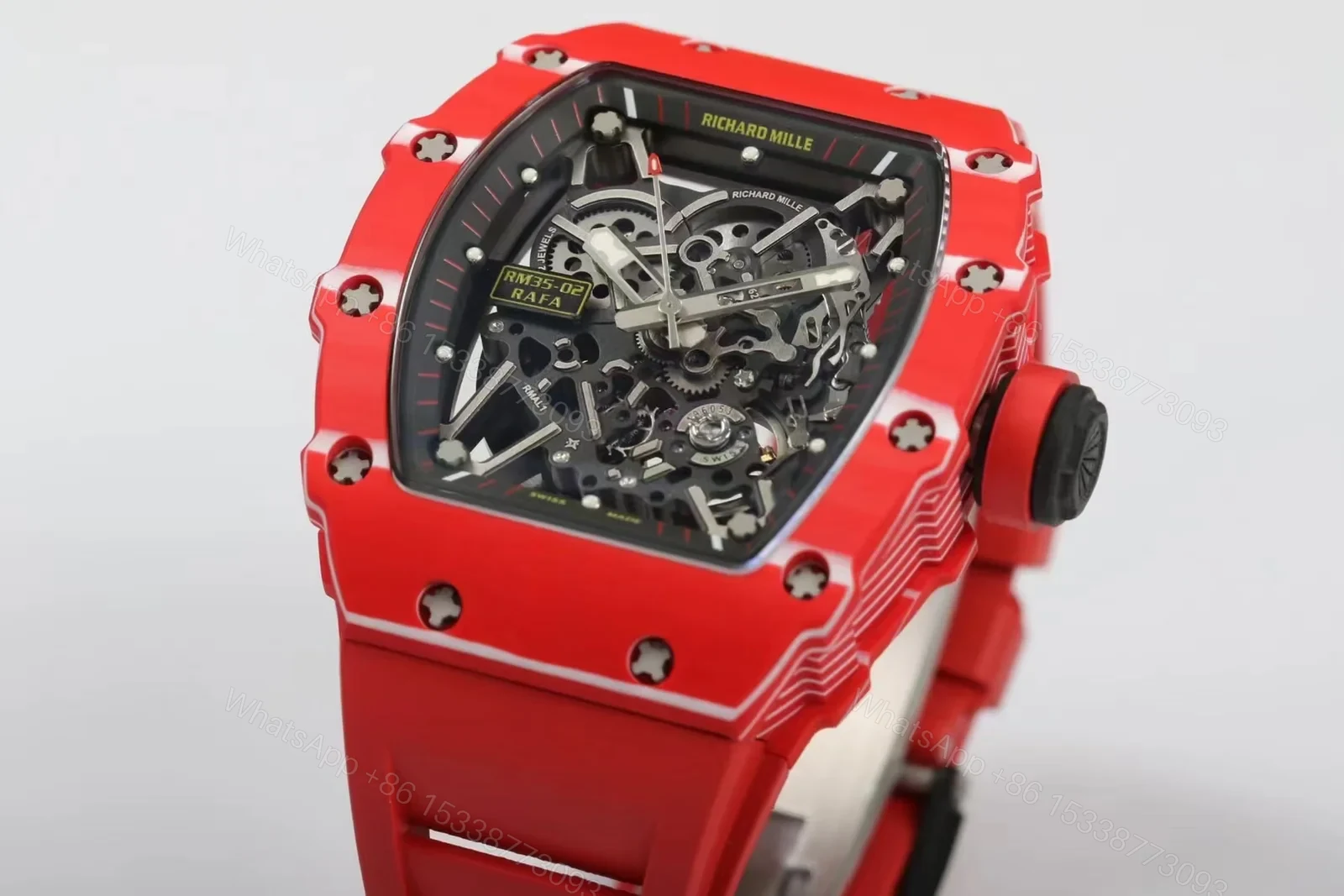 View 2 of Richard Mille RM35-02 Automatic Skeleton Watch Red Carbon Fiber Case Red Strap RMAL1 Movement White Gemstone Shock Absorber Premium Edition RM-RM35-02-RED-RED-SKL
