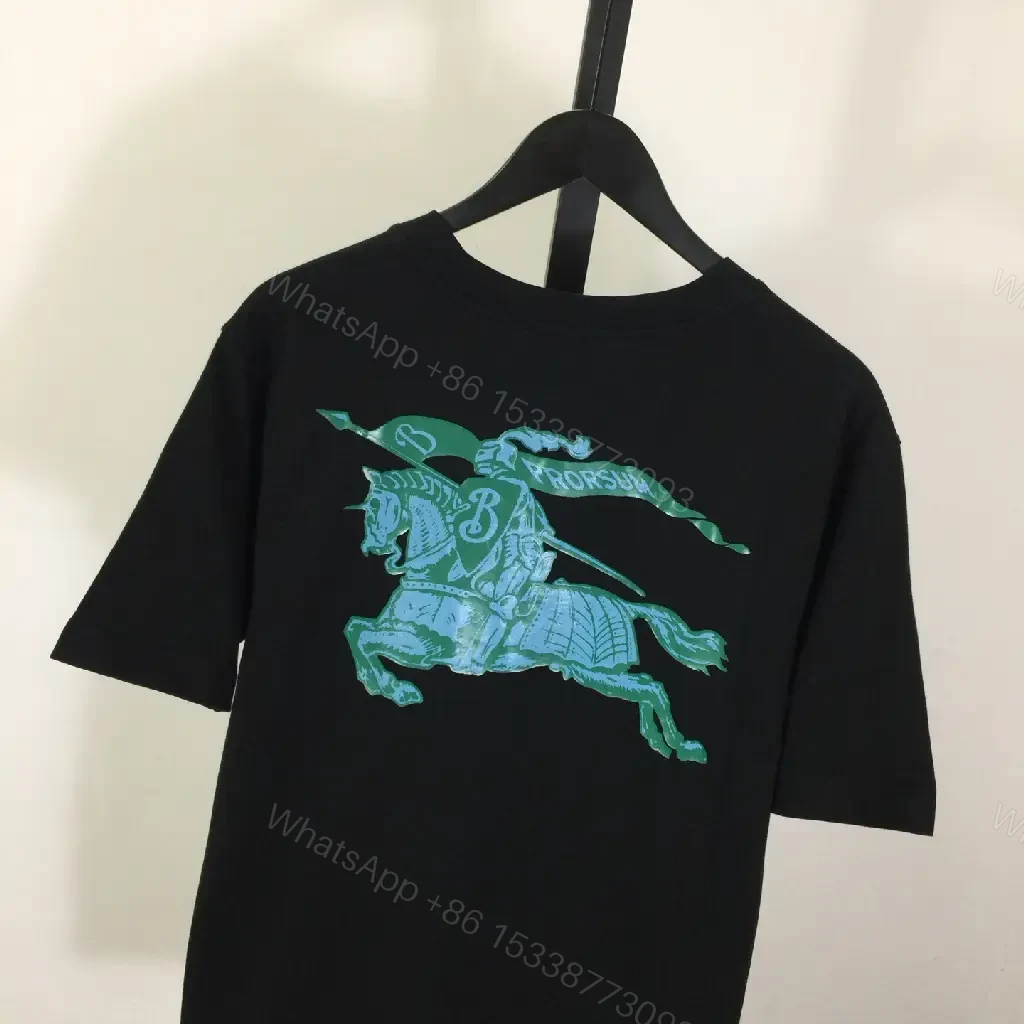 View 4 of Black Cotton T-shirt Regular Fit Turquoise Burberry Chest Text T-shirt