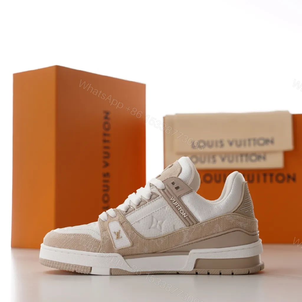View 6 of Neutral-Tone Suede Leather Sneakers with Subtle LV-Inspired Detailing