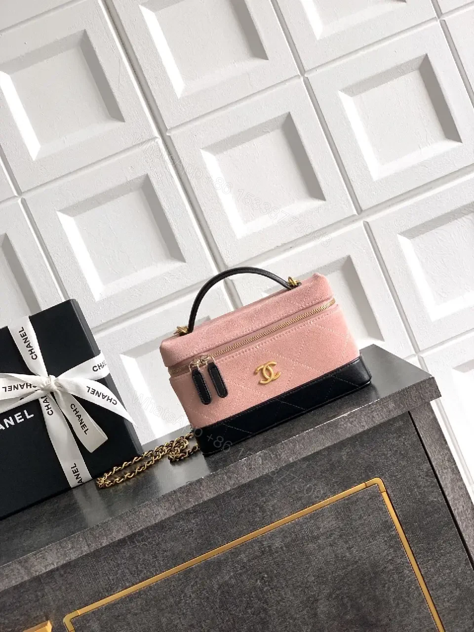 View 3 of Velvet Pink & Black Mini Crossbody: Luxe Two-Tone Chic