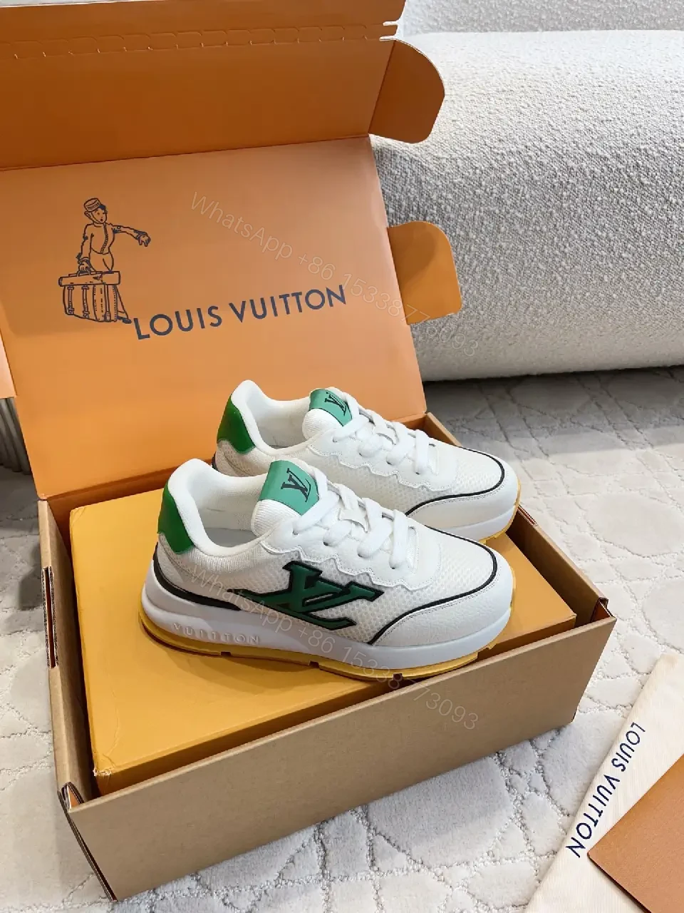 View 3 of Green Logo Knit White Leather Sneakers Lightweight Comfort Louis Vuitton Shoes