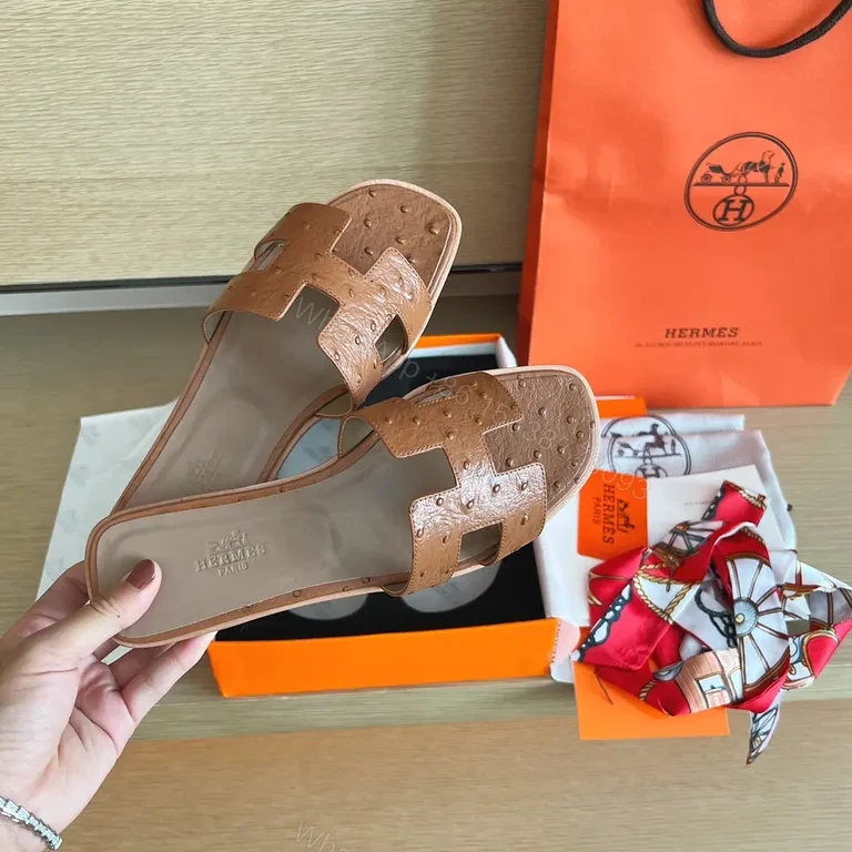 View 5 of Ostrich-Embossed Hermes-Style Sandals: Refined Comfort