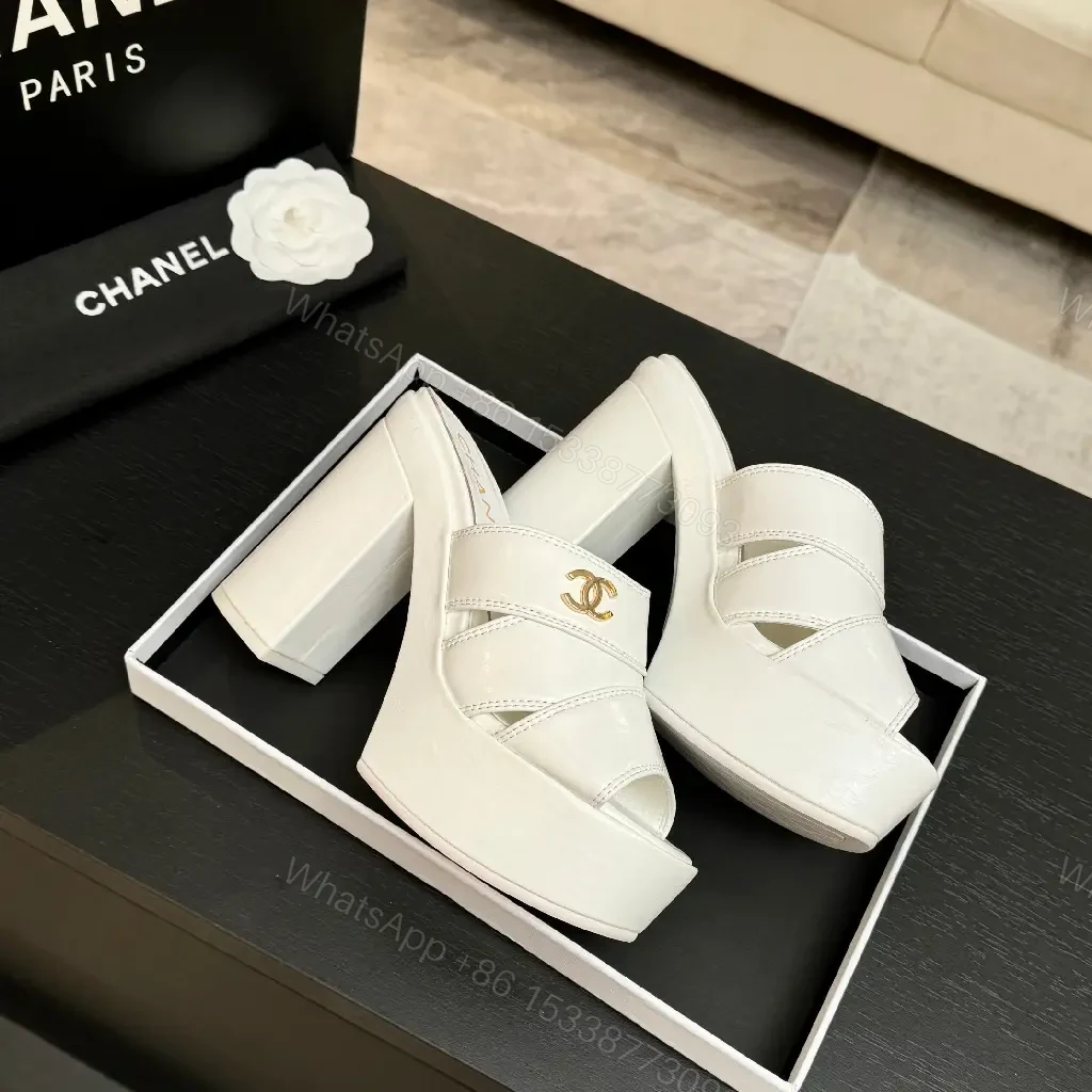 View 6 of White Patent Platform Mules, Chunky Heel, Triple-Strap Style