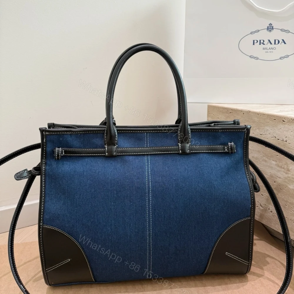 View 4 of Prada Bonnie Denim and Brown Leather Tote Bag with Buckle Detail 38cm