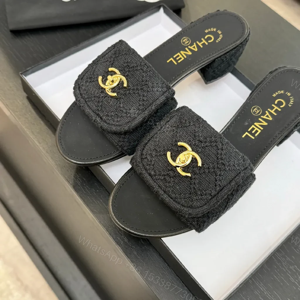 View 5 of Black Textured Slip-Ons with Gold Logo Hardware, Open-Back Slide