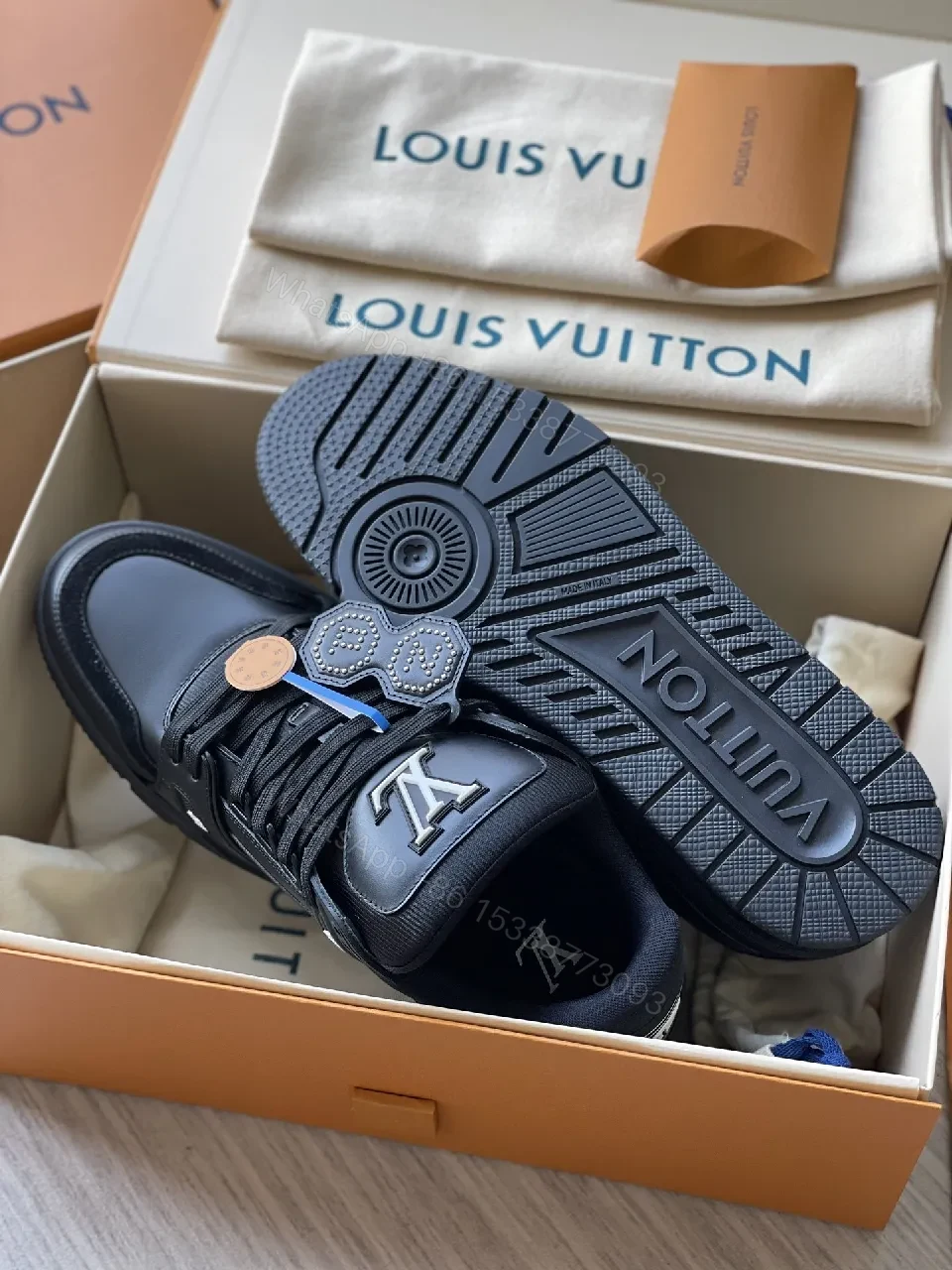 View 4 of Black Leather High‐Top Sneakers with LV Embellishments