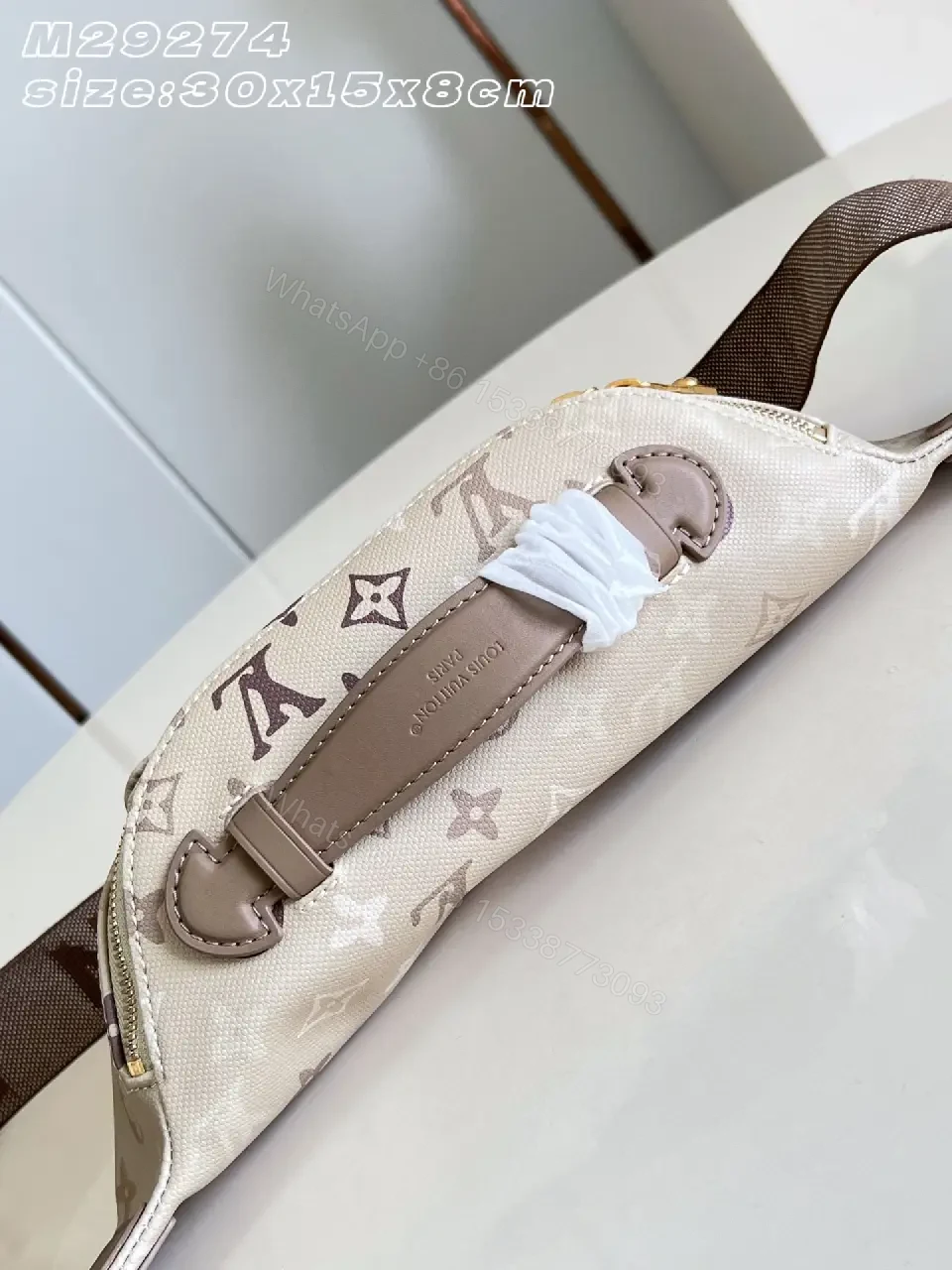 View 5 of Beige Canvas LV-Pattern Crossbody Bag with Gold Zippers