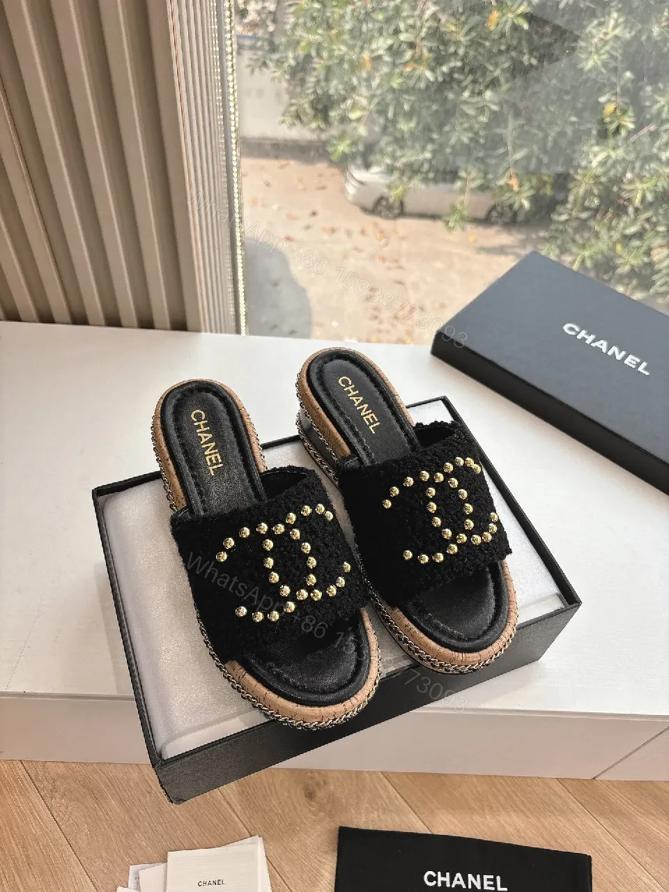 View 8 of Textured Black Sandals with Gold Bead Embellishment