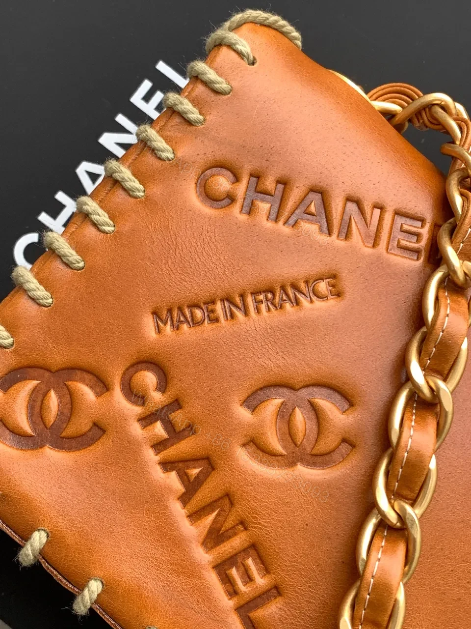 View 3 of Tan Leather Monogram Crossbody with Gold Hardware, Chic Compact Style