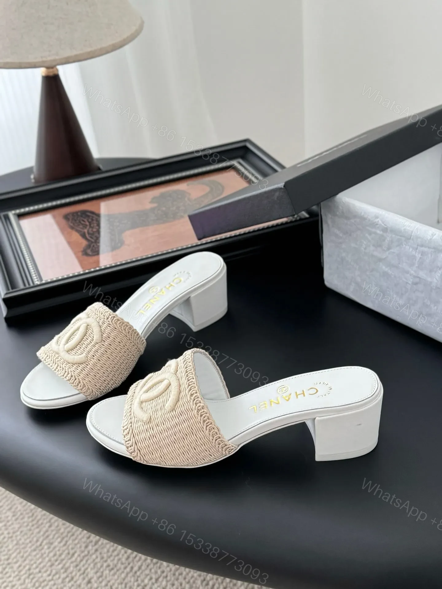 View 2 of Chanel Women Beige Woven Fabric Slides