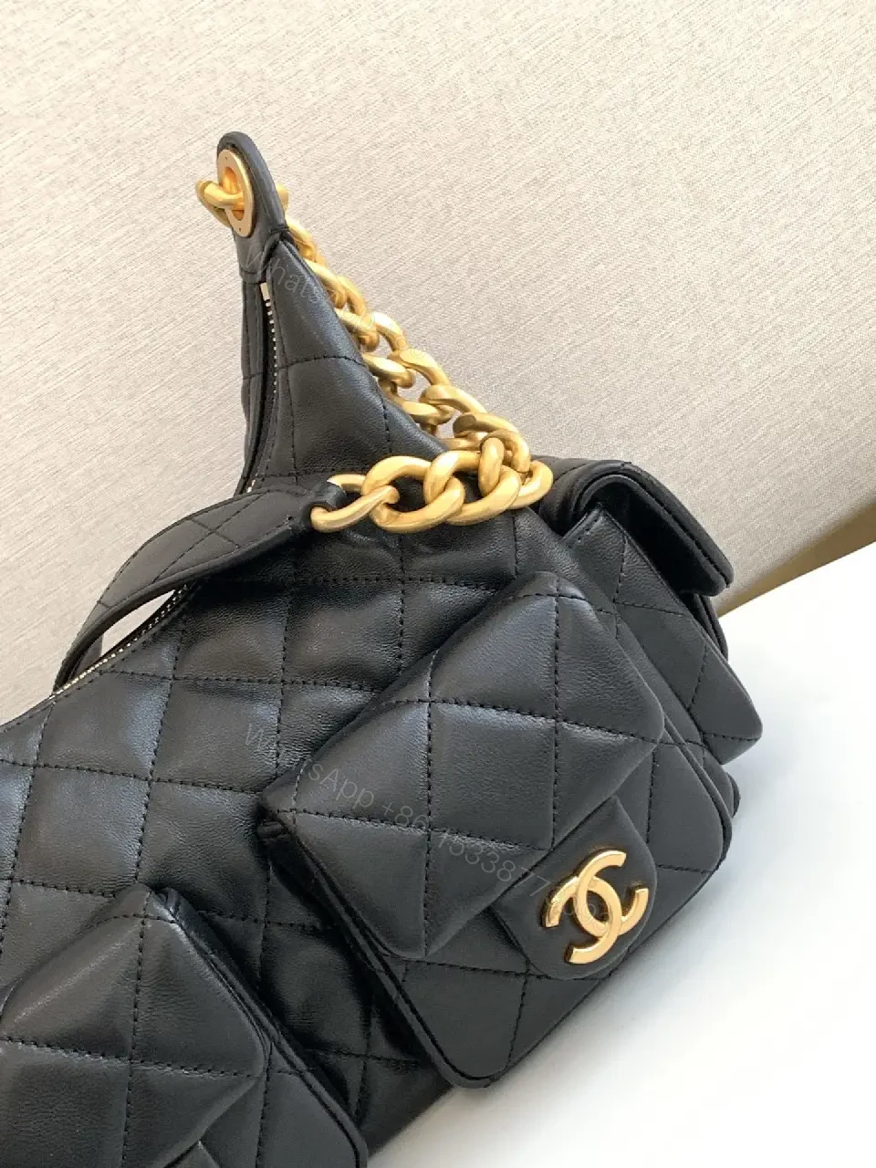 View 3 of Quilted Leather Shoulder Bag with Gold Hardware