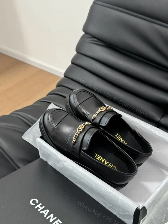 View 3 of Chanel-Inspired Leather Loafers with Gold Chain Detail