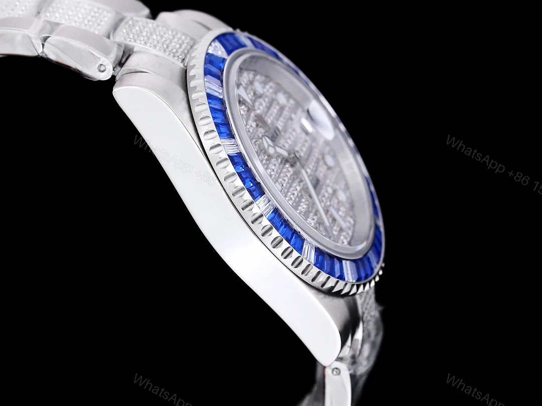 View 7 of Rolex Submariner White Diamond Replica 42MM Exclusive Blue Baguette Bezel Steel Oyster Bracelet RG-ROLEX-SUB-WHITE-DIAMOND-42