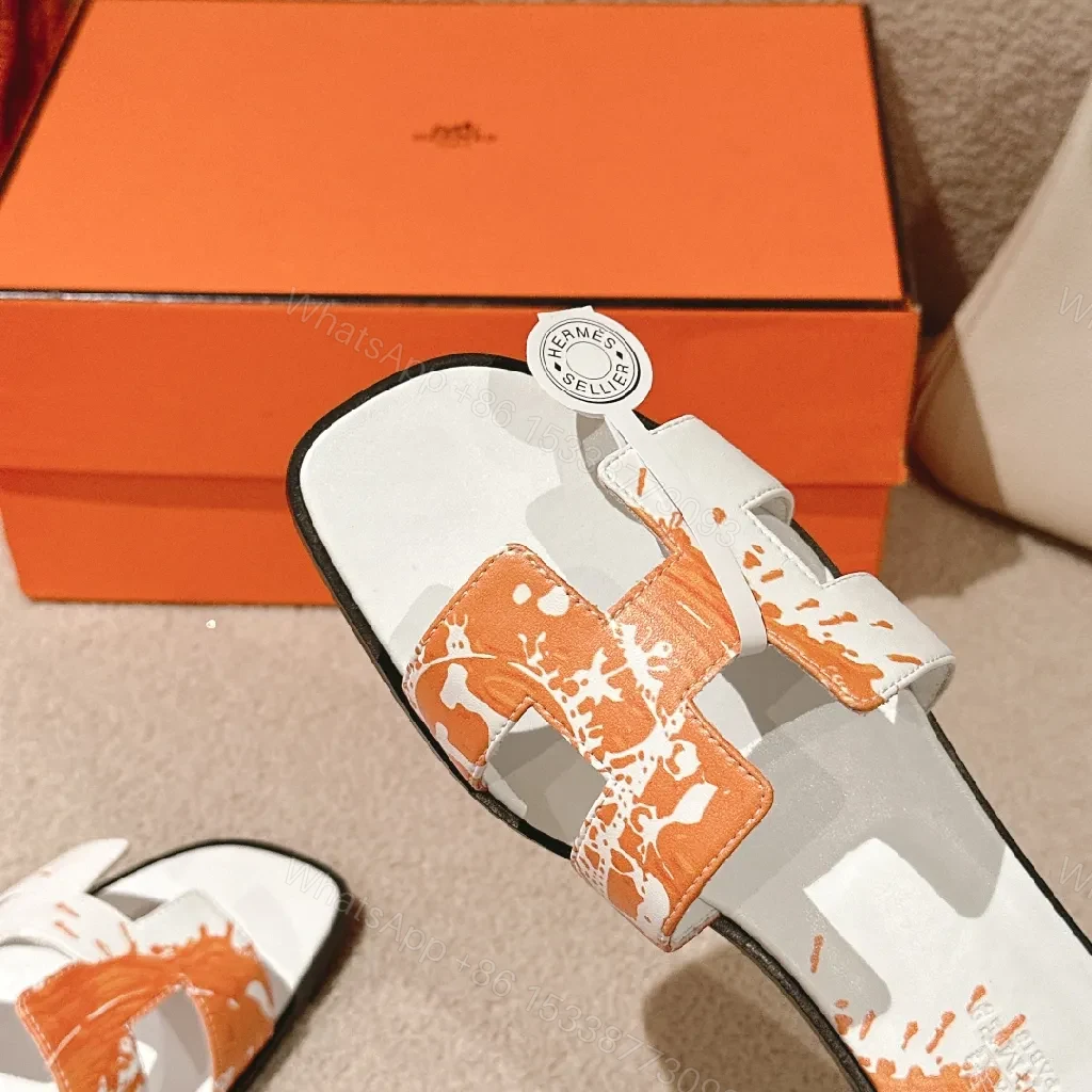 View 5 of Bold Orange-Accent White Leather Slides, Comfort-Chic Street Style