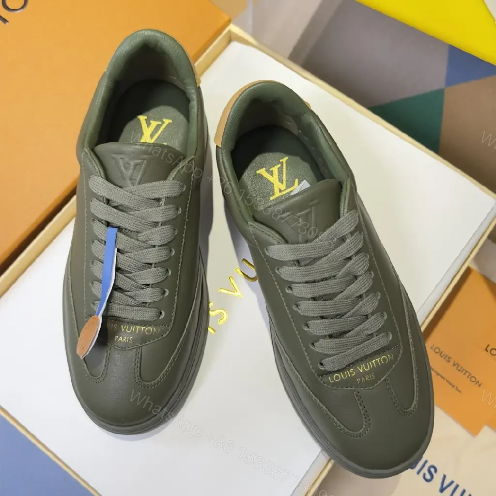 View 10 of Green Leather Sneaker, Platform Sole, Louis Vuitton Style, Monogram Accents, Casual Shoes