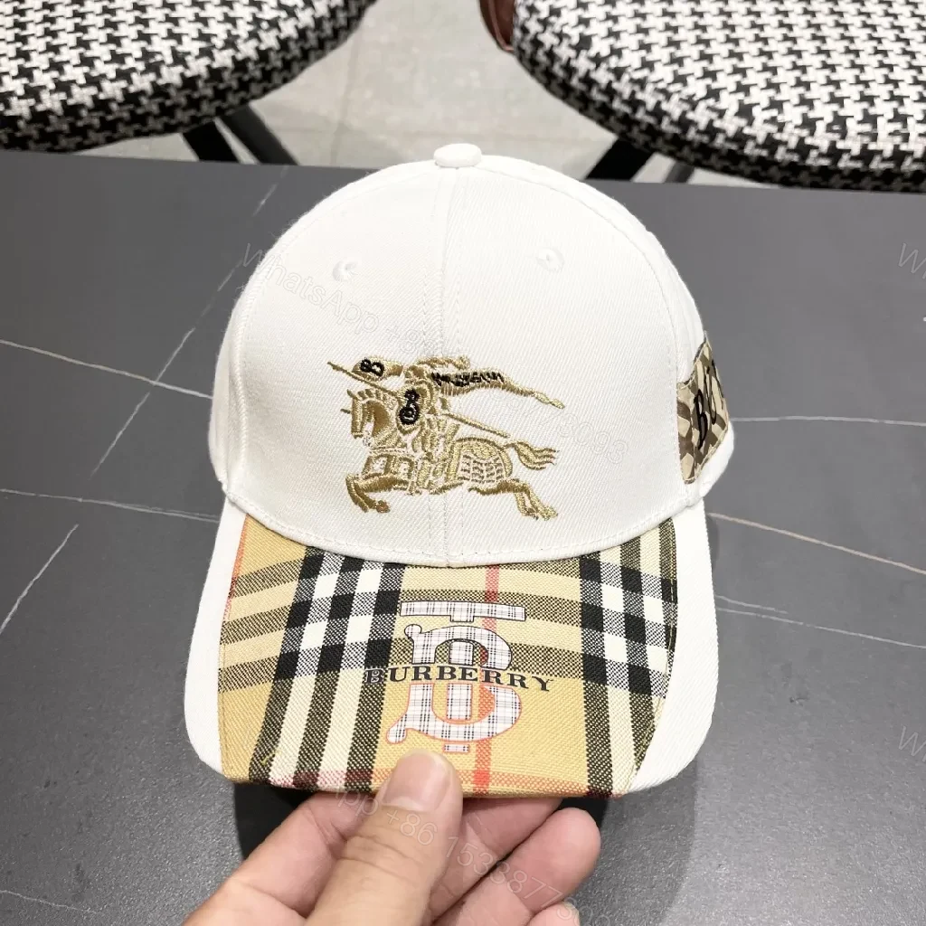 View 9 of White Plaid-Visor Sports Cap with Golden Motif Embroidery