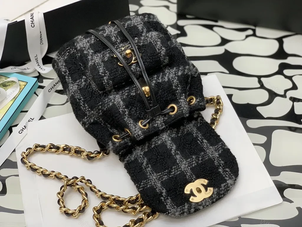 View 6 of Chanel-Inspired Plaid Knit Backpack with Gold Chain