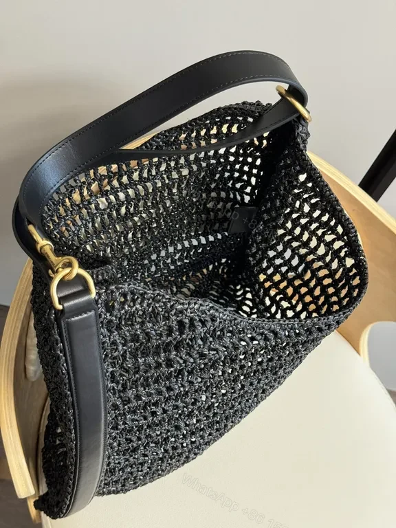 View 4 of Textured Crochet Shoulder Bag with Gold YSL Logo, Luxury Style