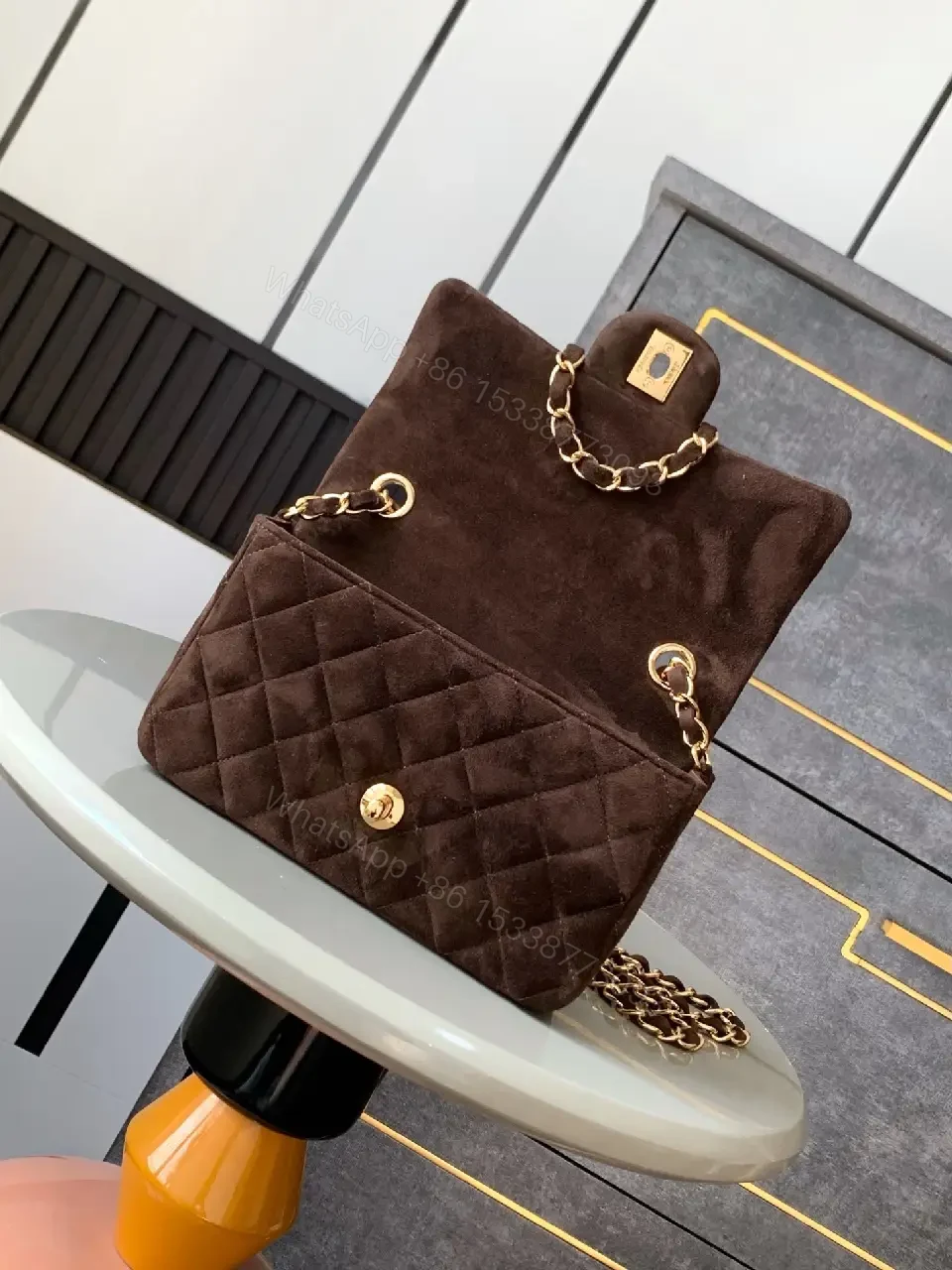 View 7 of Rich Quilted Brown Bag with Gold Hardware - Compact Leather-Style Shoulder Bag