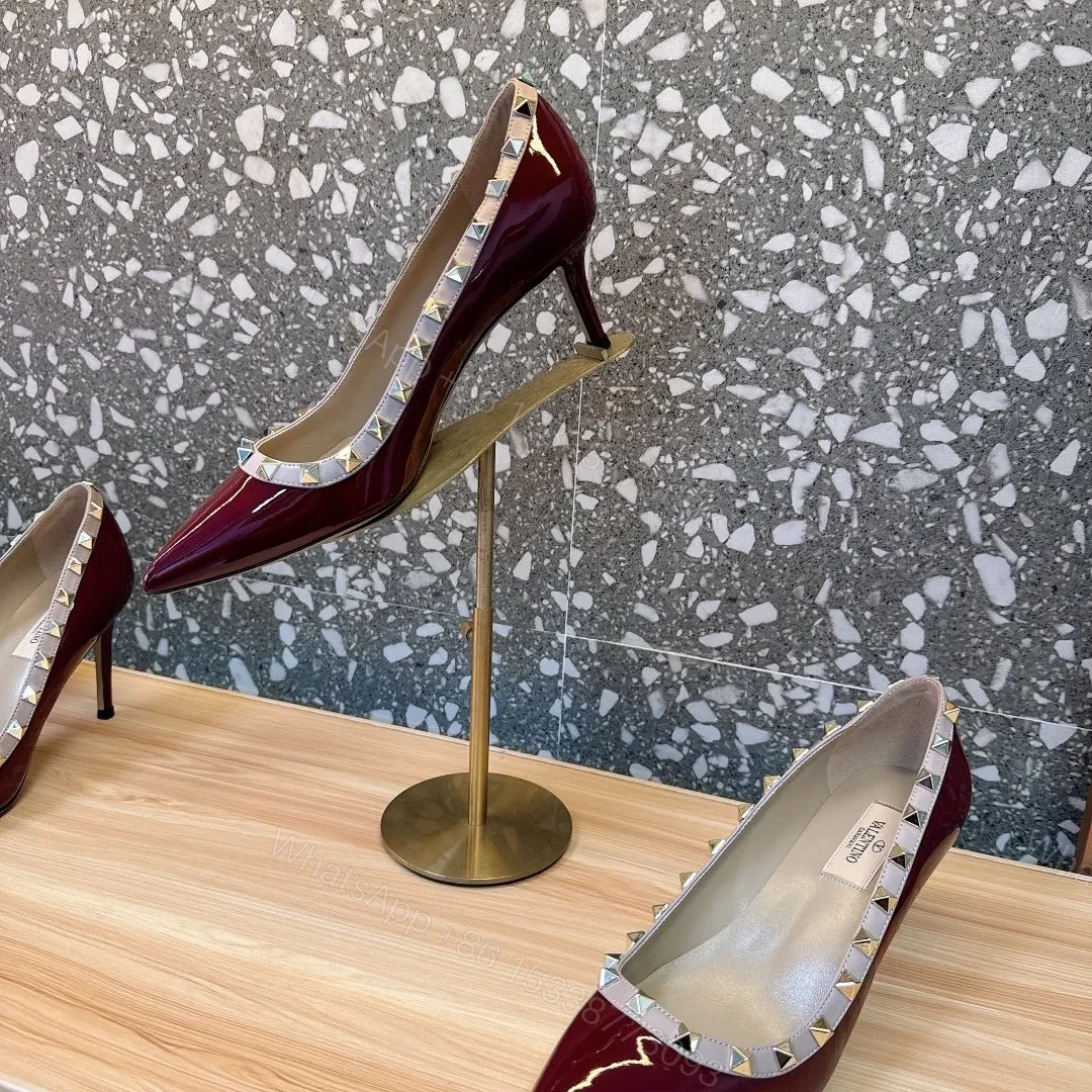 View 3 of Valentino Women Burgundy Patent Leather Studded Pumps