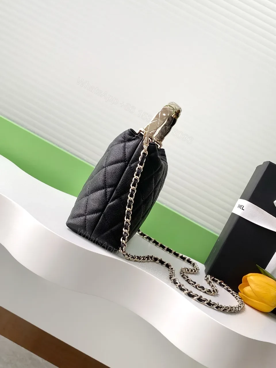 View 4 of Quilted Black PU Bag with Gold Hardware, Crossbody Style