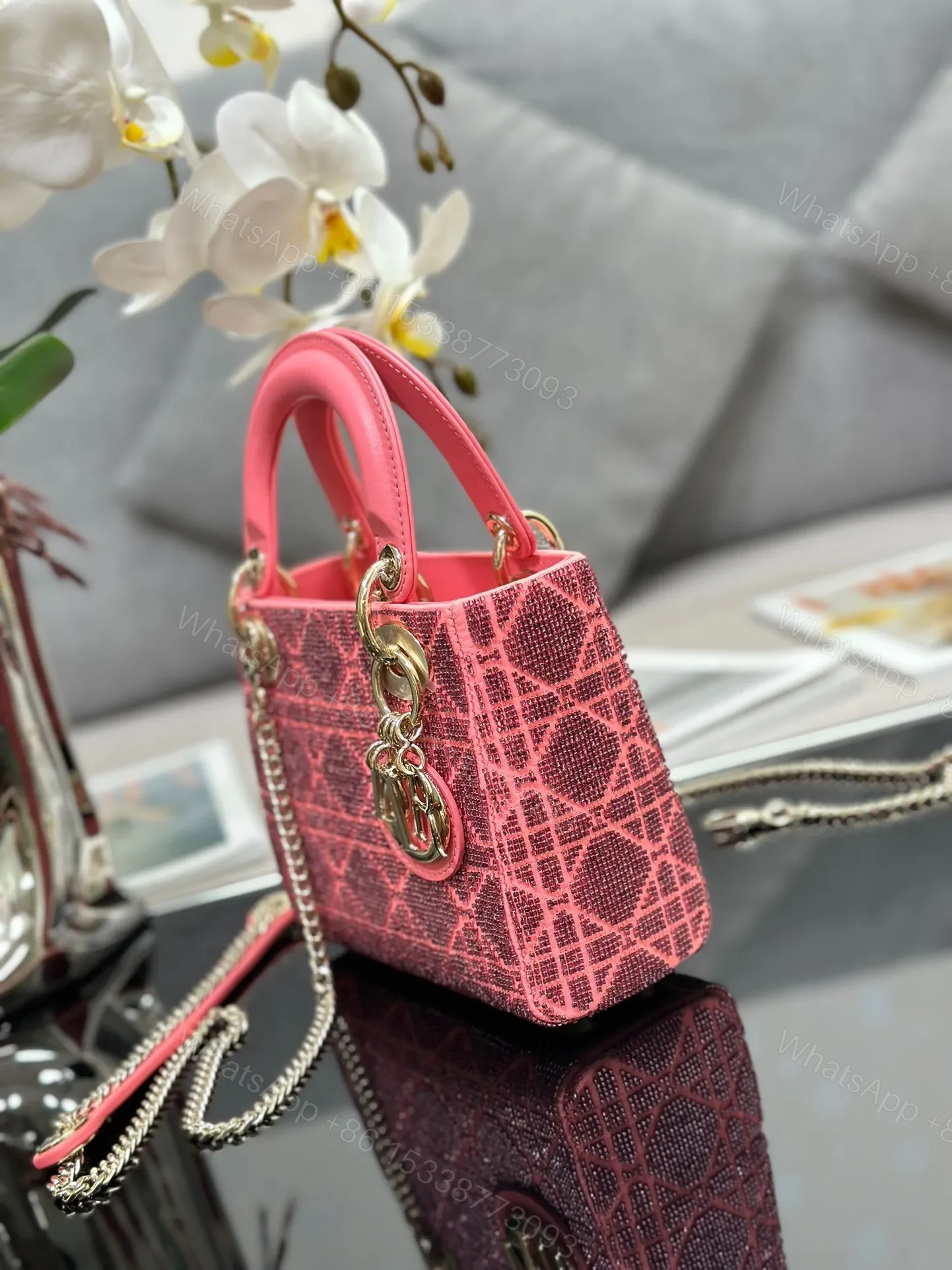 View 7 of Dior Lady Super Pink Handbag with Beads 17x15x7cm
