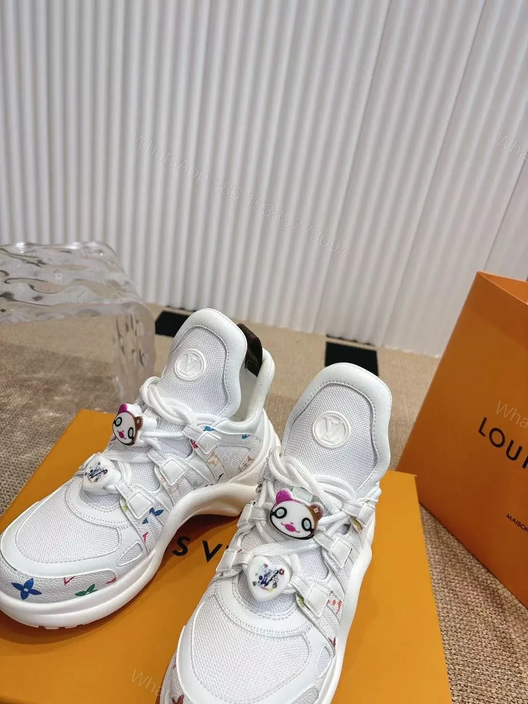View 2 of LV Women White Mesh Multicolor Logo Sneakers