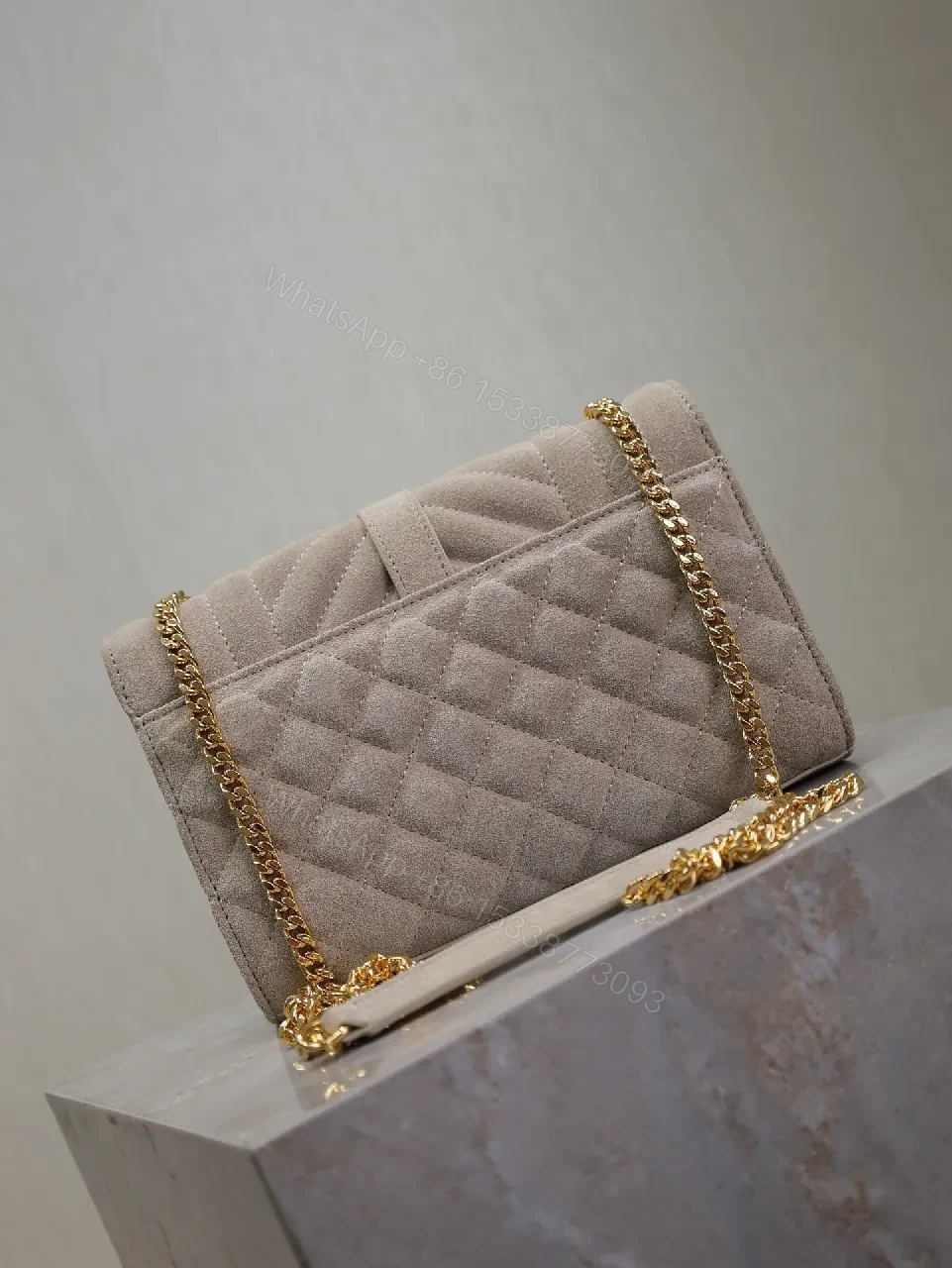 View 4 of Taupe Velvet Quilted Clutch with Gold Accent