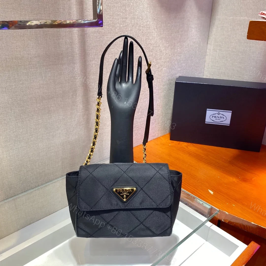 SMALL QUILTED FLAP BAG 18 IN BLACK RE-NYLON FABRIC GOLD CHAIN — view 1