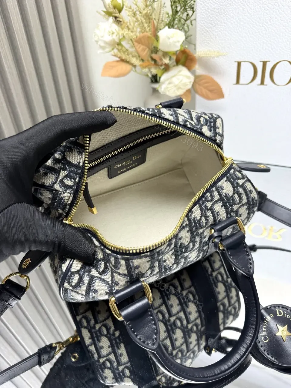 View 7 of Dark Monogram Satchel in Luxe Canvas & Gold Hardware