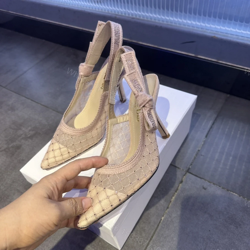View 4 of 高仿Dior*JAdior系列KCV040尖頭露跟高踭鞋網面6.5CM粉色免檢版