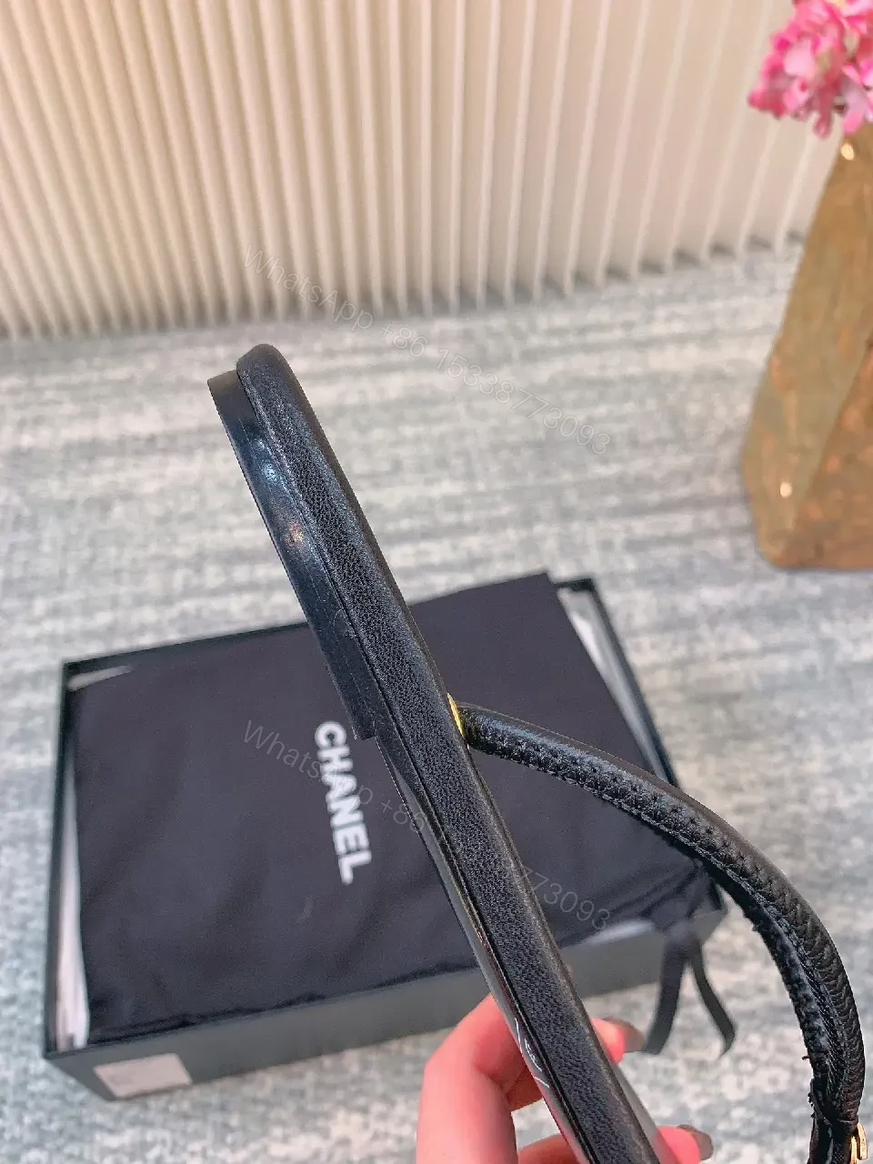 View 5 of Minimalist Luxe Leather Slides with Double-C Cap Footbed