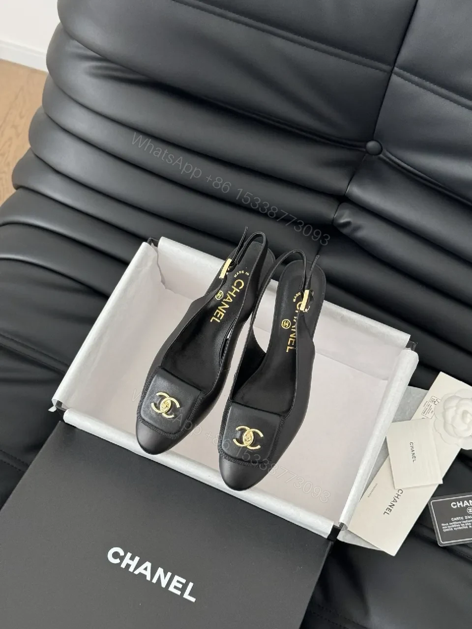 Black Leather Slingbacks with Gold Hardware, Luxury-Style Heels — view 1