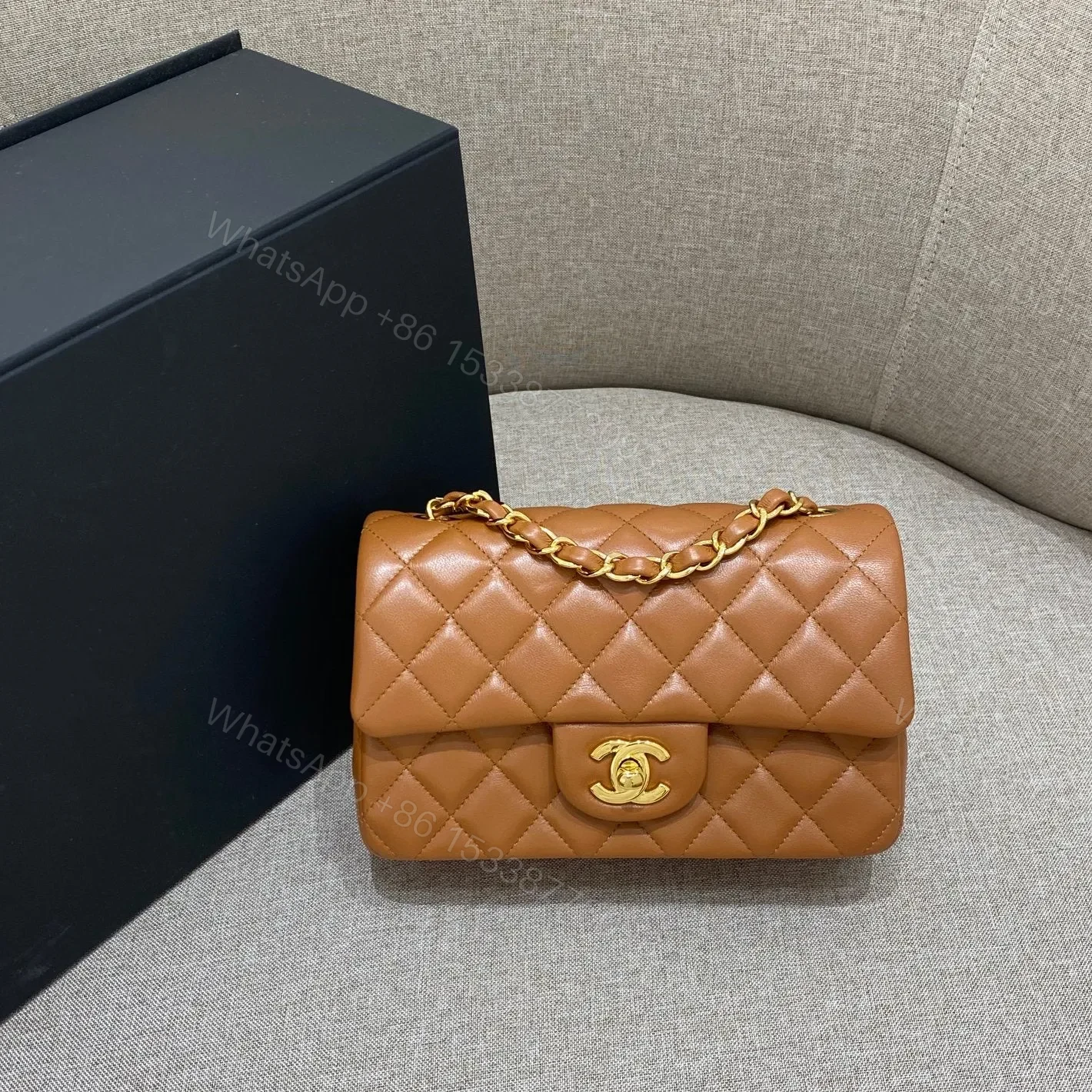 View 8 of CHANEL FLAP BAG 20CM CARAMEL LAMBSKIN GOLD HARDWARE