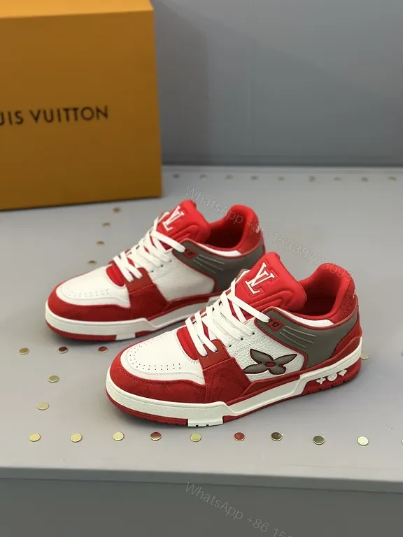 View 3 of Bold Red LV High-Top Sneakers with Premium Leather and Suede