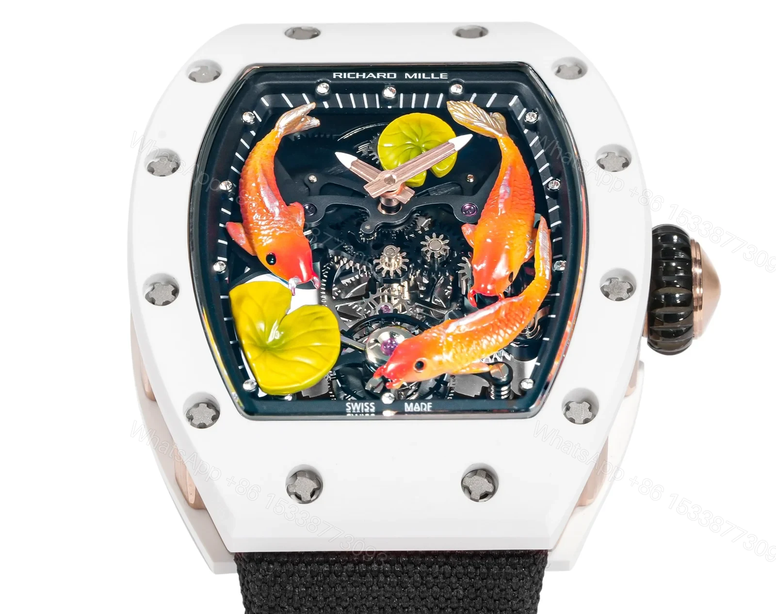 View 3 of Richard Mille RM S10 Koi Tourbillon Watch Black Strap Colorful Skeleton Dial Red Gold Diamond Koi Art Mechanical Edition RM-S10-KOI-BLS-CFD
