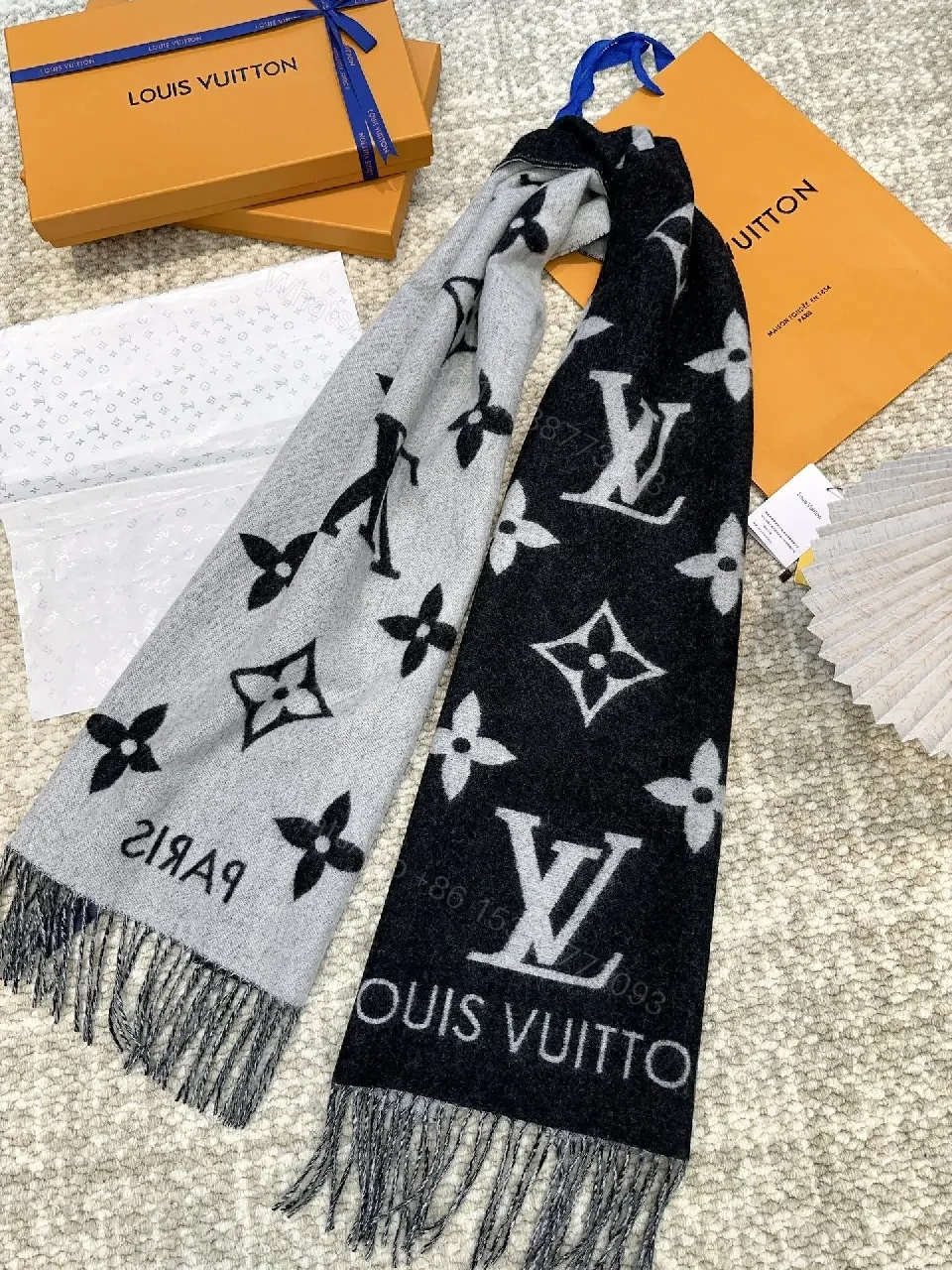 View 5 of Black & gray dual-tone scarf: luxury, woven, fringed