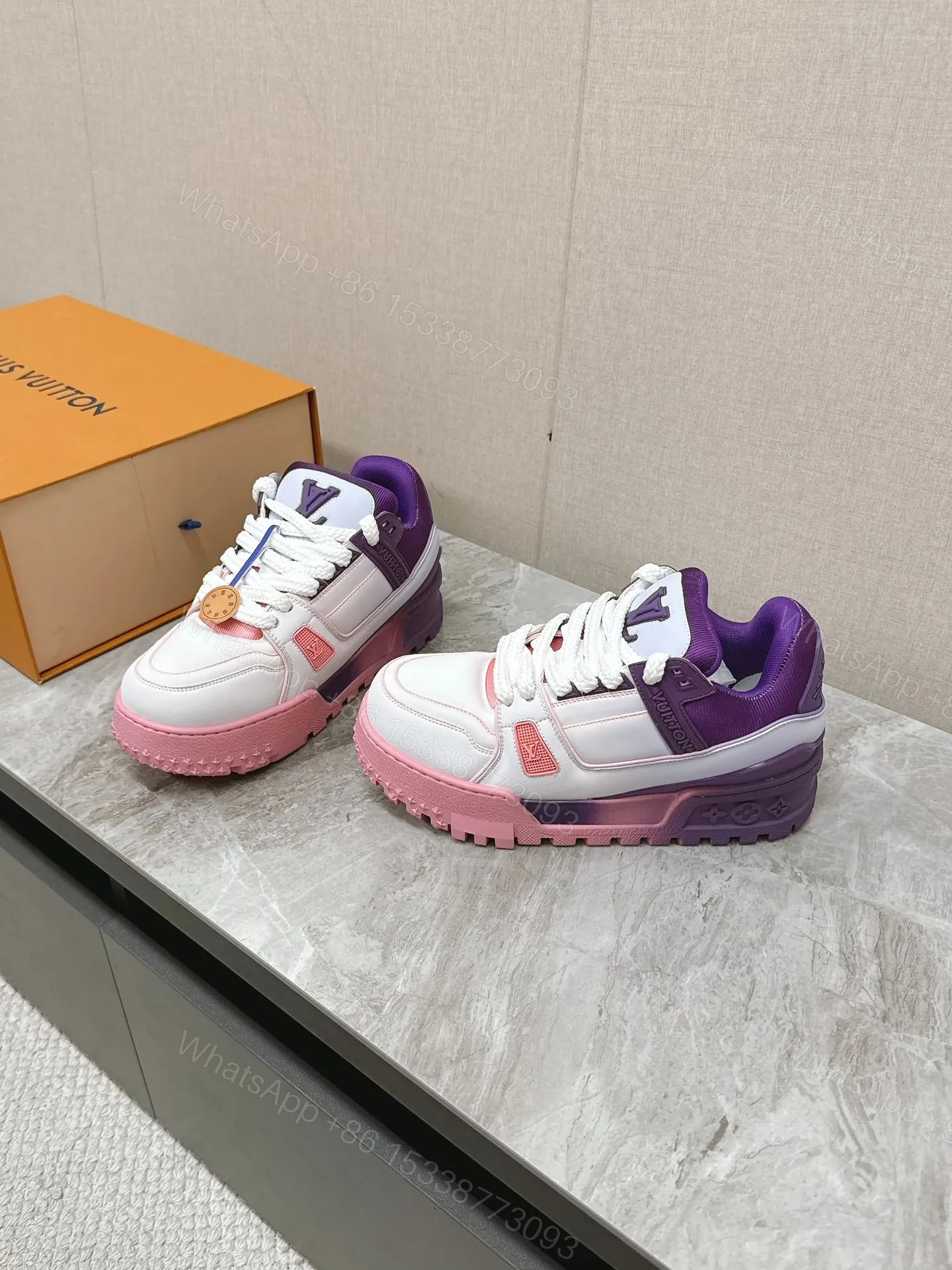 View 5 of LV Women White Pink Purple Leather Sneakers