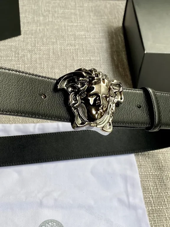 View 2 of Sleek Black Leather Medusa Buckle Belt - Versace, 3cm#